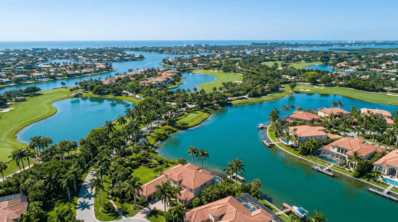 Aerial view of a Southwest Florida coastal community near Sarasota with waterways, golf greens, and palm-lined homes