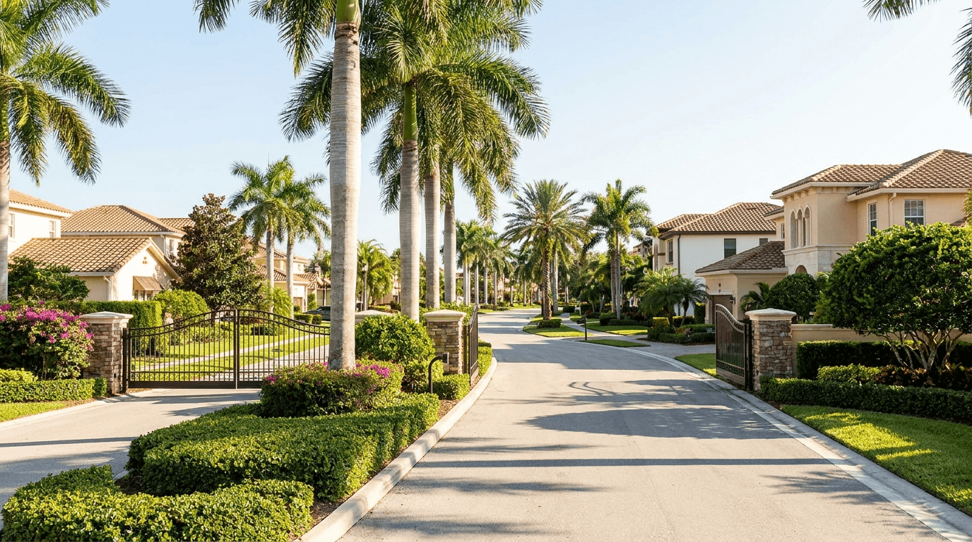 Royal palms lining the clean, gated entrance street of an upscale Sarasota community
