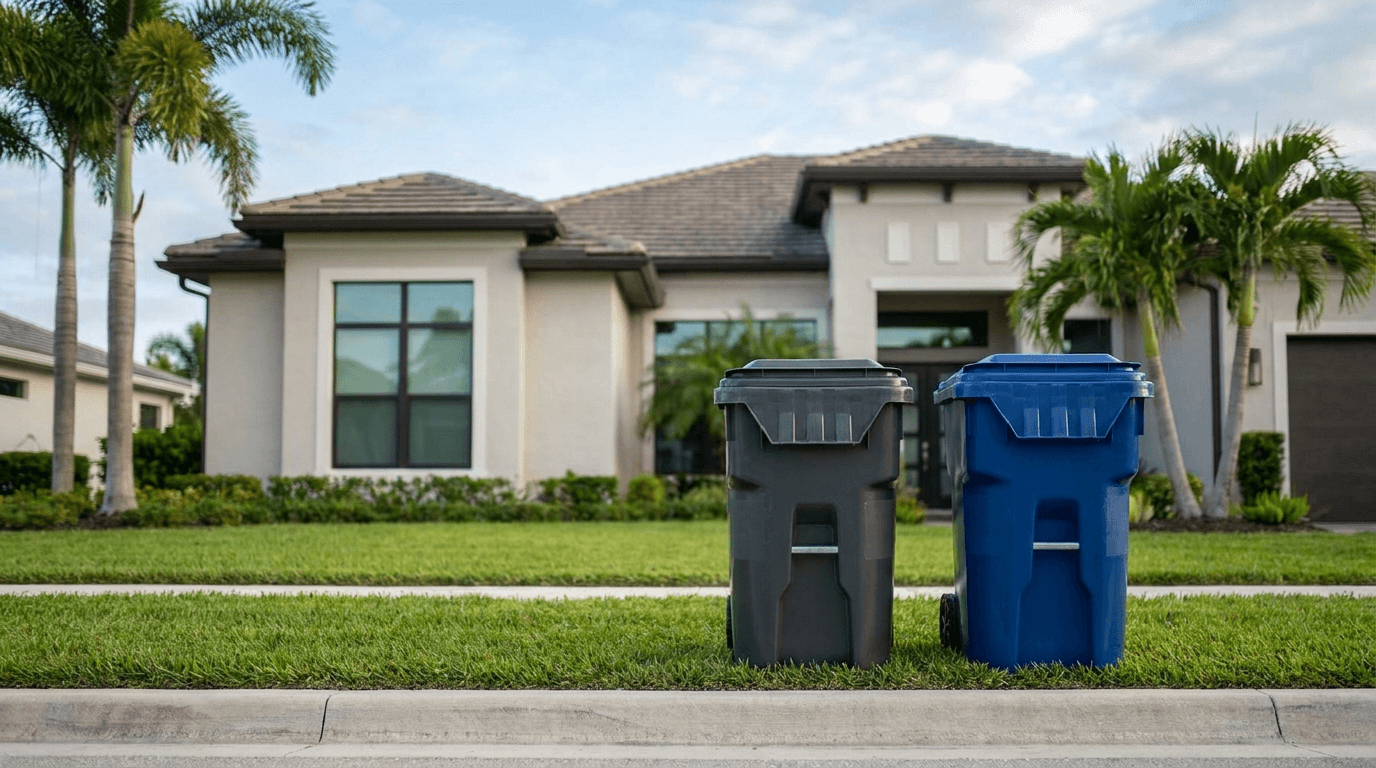 Two spotless trash and recycling bins at the curb of an upscale Sarasota home framed by palm trees