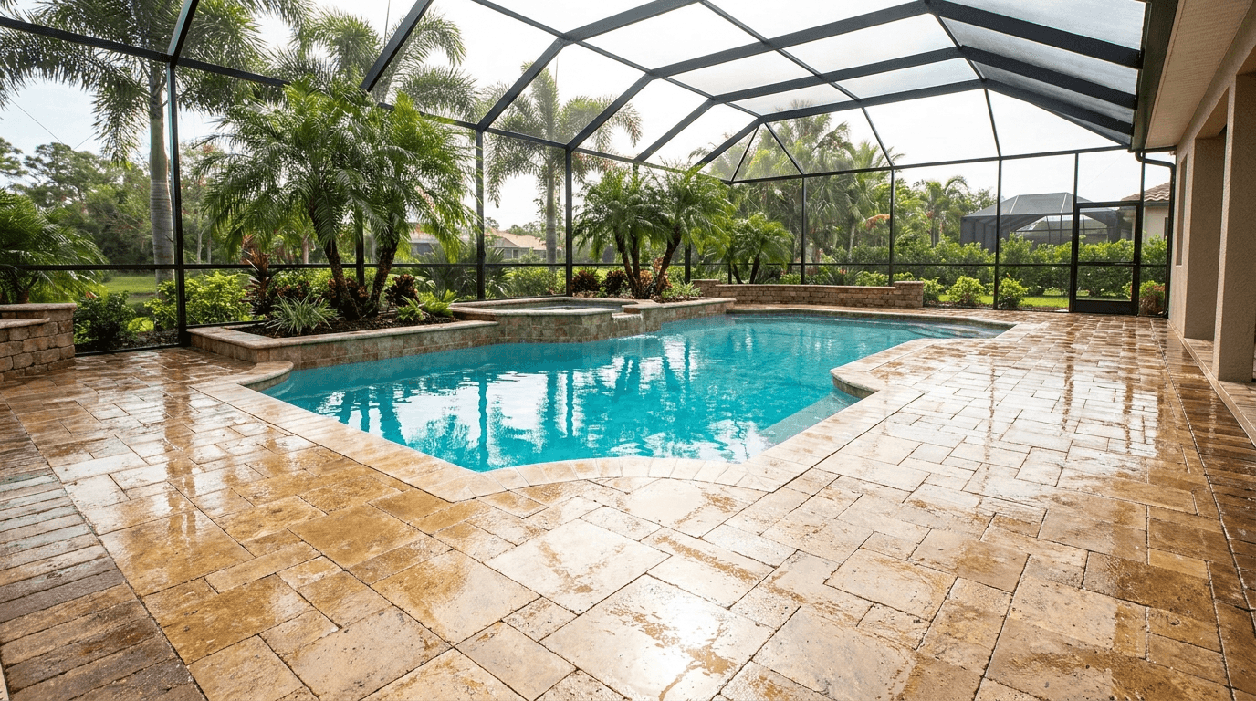 Freshly cleaned and sealed travertine paver pool deck at a screened Florida lanai with a turquoise pool